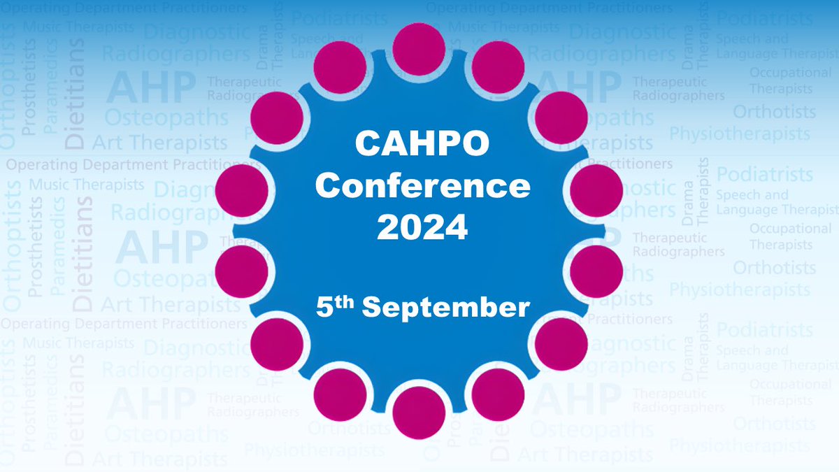 🚨#CAHPO Conference 2024 Update
 
📅 Rescheduled date 👉 Thursday 5 September 2024
 
👀 Look out for more information in mid July 👉 england.nhs.uk/ahp/chief-alli…

<a href="/WeAHPs/">WeAHPs 💙</a> <a href="/tolanAHP/">Steve Tolan</a> <a href="/HindleLinda/">Linda Hindle OBE</a> <a href="/BeverleyHarden/">Beverley Harden FCSP</a>
