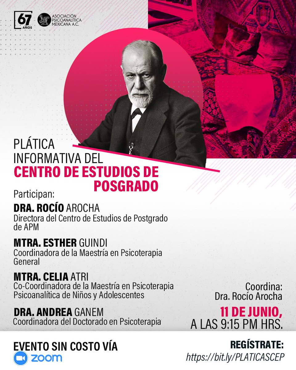 ¡Mañana! Conoce los programas de estudio y resuelve tus dudas sobre nuestra Maestría en Psicoterapia General, Maestría en Psicoterapia Psicoanalítica de Niños y Adolescentes y Doctorado en Psicoterapia.  Regístrate en: bit.ly/PLATICASCEP #Psicoanálisis #ComunidadAPM