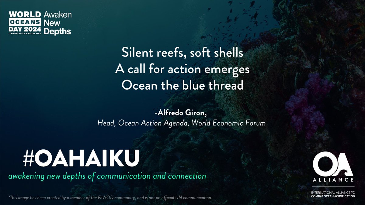 OA_Alliance's tweet photo. ✍️ 🪸 #OAHaiku by Alfredo Giron, Head of Ocean Action Agenda, World Economic Forum:

Silent reefs, soft shells
A call for action emerges
Ocean the blue thread

#UNWorldOceansDay2024 #WorldOceansDay #OceanAction #BringItAllTogether #OceanAcidification #ClimateOceanAction https://t.co/TVx6H5PUQd