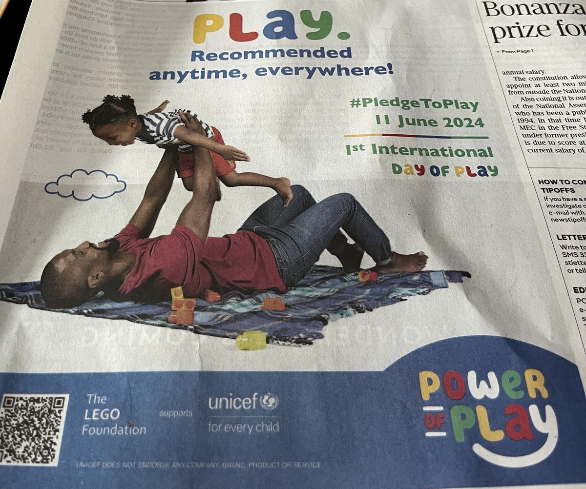 SOUTH AFRICA: Highlight in Sunday Times South Africa ahead of #InternationalDayofPlay! 

More exciting activities lined up from SA! Excellent work by <a href="/tobyfricker/">Toby Fricker</a> and the entire <a href="/UNICEF_SA/">UNICEF South Africa</a> team!