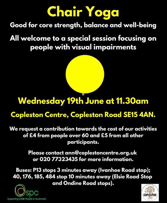 We are excited to be working with our friends at <a href="/SwarkPensioners/">Southwark Pensioners</a> on this special session of #ChairYoga on Wednesday 19th June at 11.30

All welcome to this special session which will focus on people with visual impairments.

#yogaforall #visualimpairment #affordableyoga