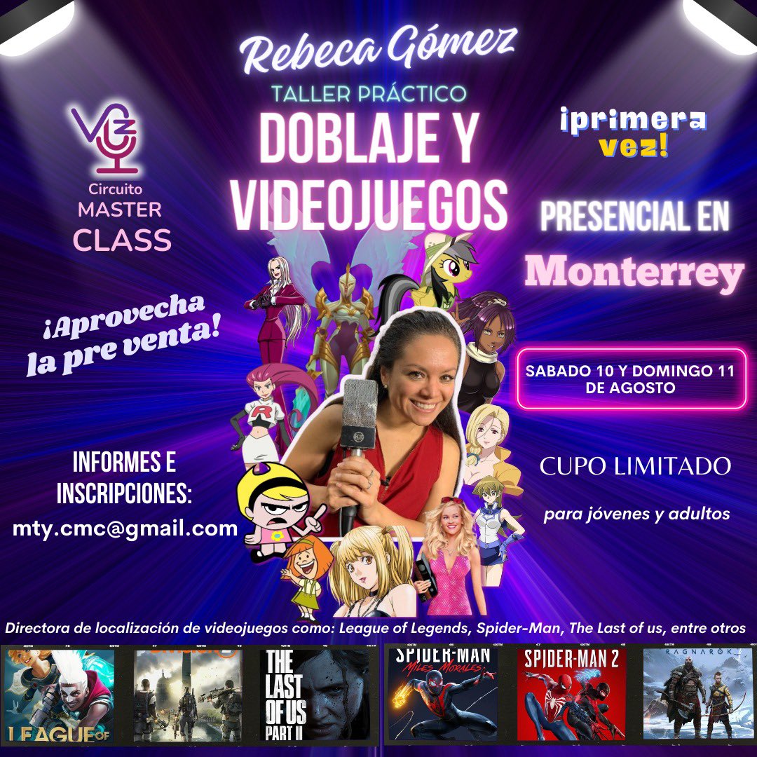 AleSalasmx's tweet photo. Por fin en Monterrey y alrededores un Taller presencial de doblaje y localización de videojuegos imparte @rebecagomezvoz dos días intensos de mucho aprendizaje y diversión 
Aprovecha la PREVENTA 
INFO: mty.cmc@gmail.com
#deathnote
#videojuegos #doblajemonterrey
#leagueoflegends https://t.co/l0OMTYhvwk
