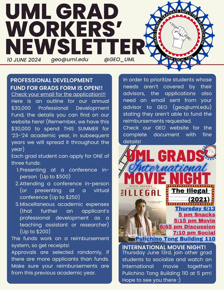GEO_UML's tweet photo. Thursday June 13rd, join other grad students to socialize and watch an international movie together!! Pulichino Tong Building 110 at 5 pm! Hope to see you there :)

5 pm Snacks
5:15 pm Movie
6:45 pm Discussion
7:10 pm Social https://t.co/PdlWckU7Z7