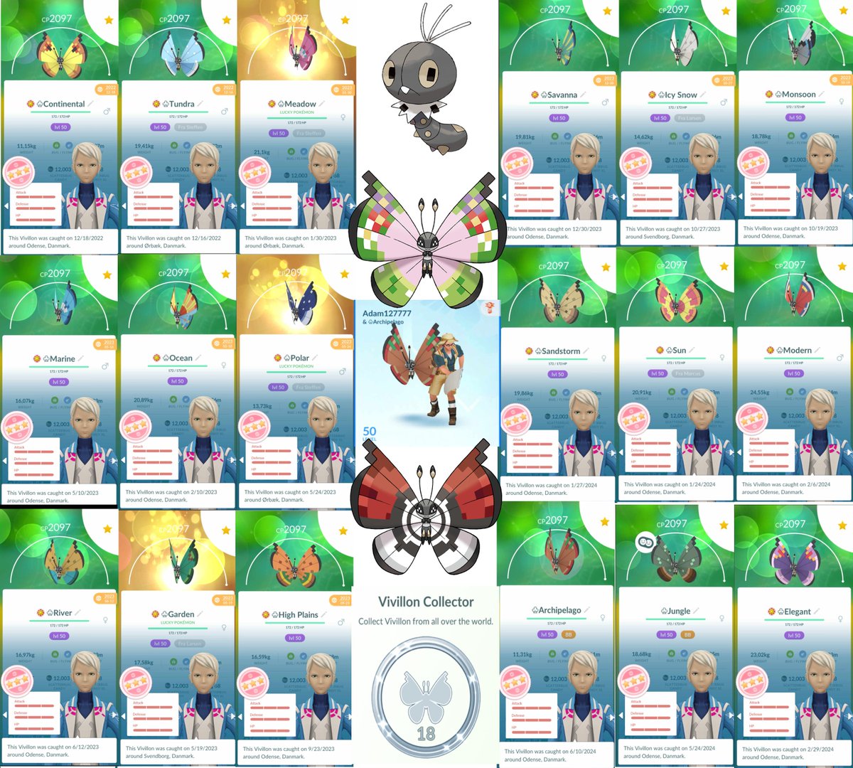 All 18 100% Vivillons! the first? who knows
Long project finally done!

Thanks to everyone, both in trades and gifts

#PokemonGO
#Vivillon
#Pokemon