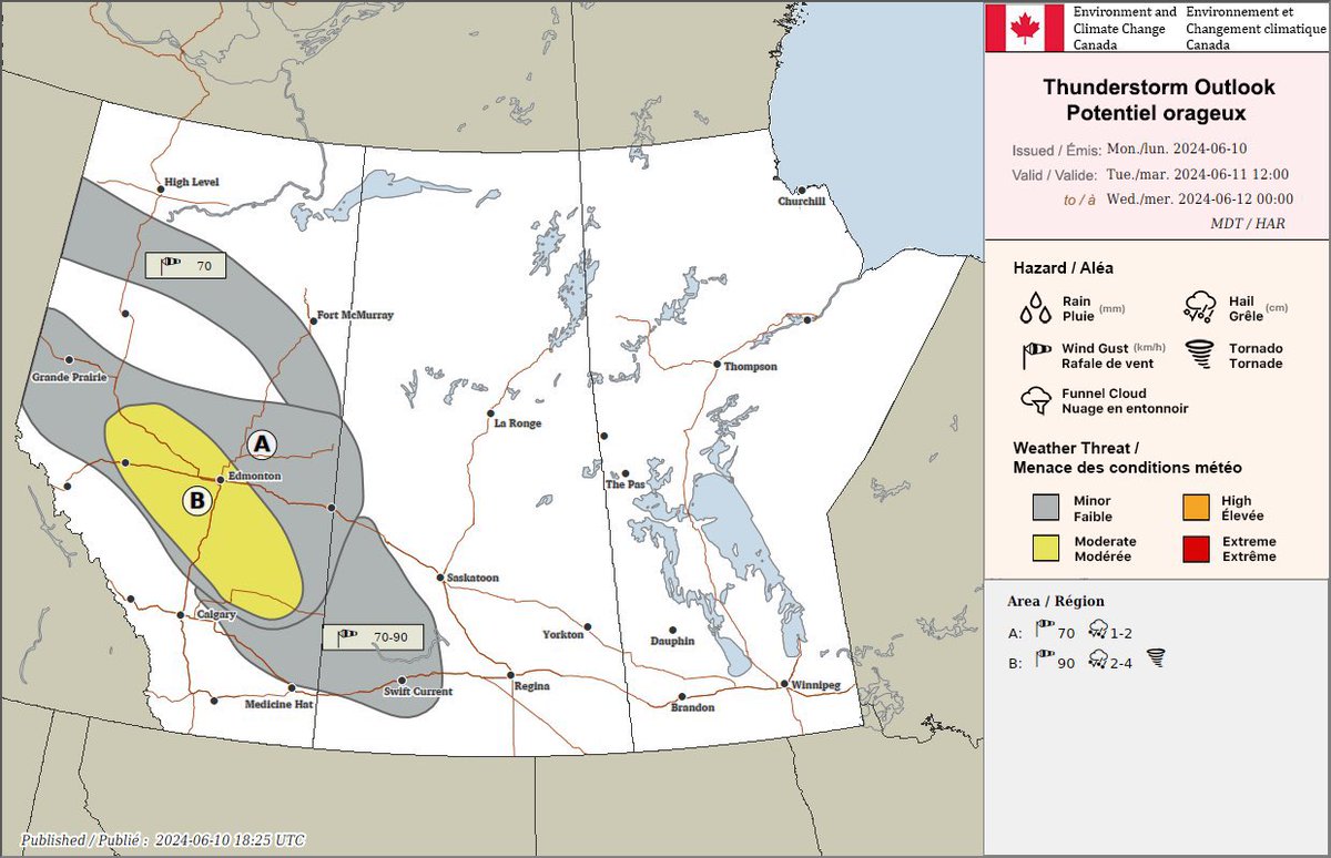 Severe thunderstorms possible tomorrow for portions of Alberta. Risk of strong winds, large hail and perhaps an isolated tornado. #abstorm