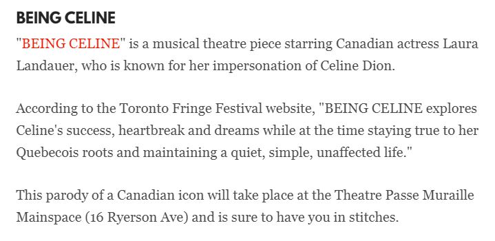 Thank you <a href="/blogTO/">blogTO</a>  #grateful 
#beingceline <a href="/Toronto_Fringe/">Toronto Fringe</a>