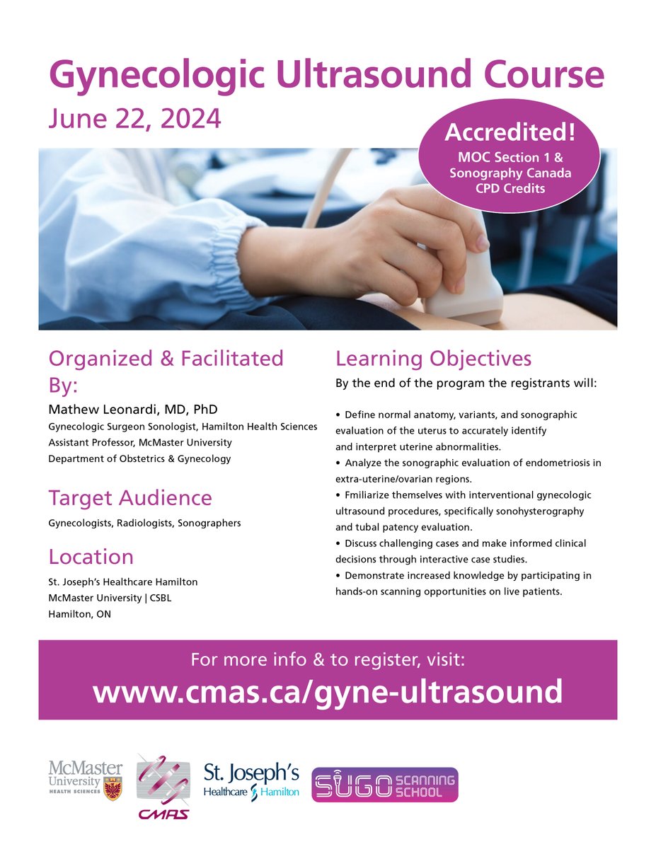 Exciting News! The Gynecologic Ultrasound Course now offers MOC Section 1 &amp; Sonography Canada CPD credits!

Join <a href="/MathewLeonardi/">Mathew Leonardi MD PhD 🏳️‍🌈</a> &amp; expert faculty to explore the latest in diagnosing #edometriosis &amp; other gyn pathologies.

Secure your virtual spot today: cmas.ca/gyne-ultrasound
