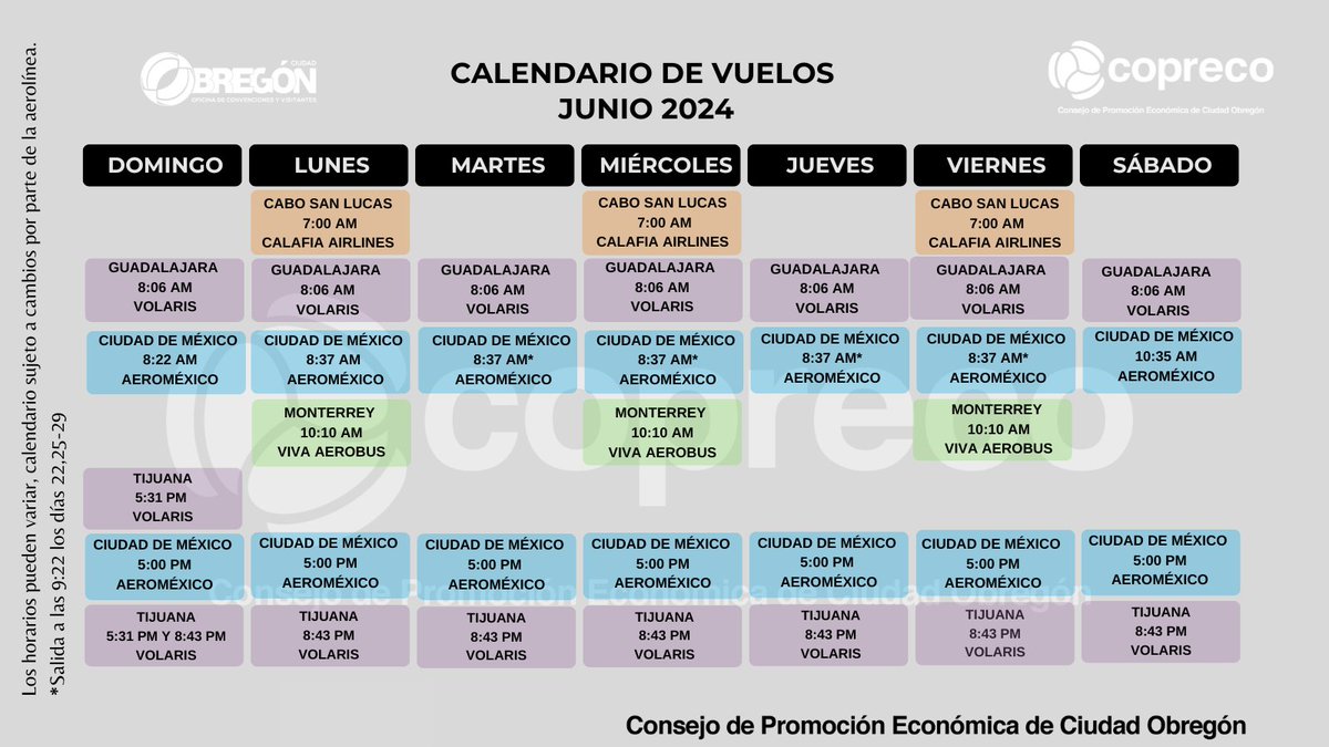 JUNIO 🌞

Consulta el calendario de #vuelos desde el #AeropuertoInternacional de #CiudadObregón. ✈️ Revisa horarios y compra tus boletos en: 

Volaris
Aeromexico
Viva Aerobus
Calafia Airlines

#ViajaSeguro #VuelosCdObregón