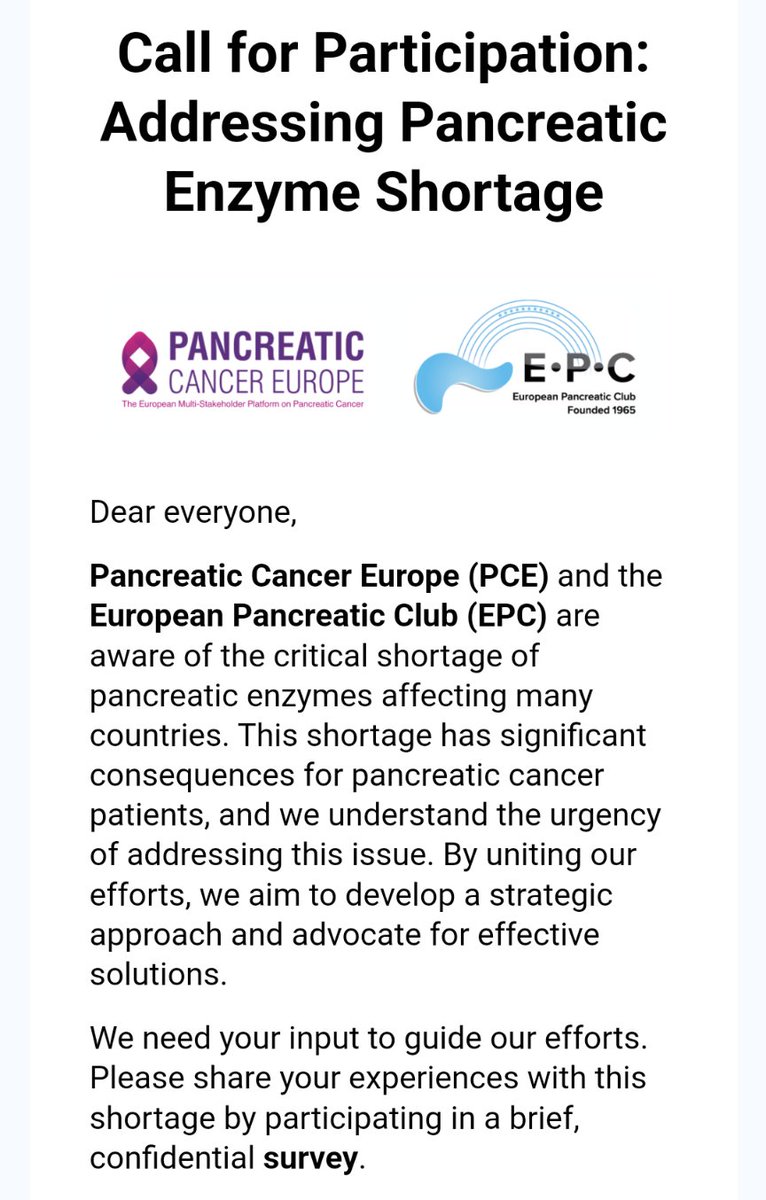 EPC-Europ Pancr Club (@eurpancclub) on Twitter photo Important message from the #EPC together with <a href="/P_C_E_/">Pancreatic Cancer Europe (PCE)</a> ‼️
❌There's an ongoing critical shortage of #pancreatic enzymes which effects our patients!
Please share your clinical experience with us by participating in this short survey:
👉docs.google.com/forms/d/e/1FAI… Important message from the #EPC together with <a href="/P_C_E_/">Pancreatic Cancer Europe (PCE)</a> ‼️
❌There's an ongoing critical shortage of #pancreatic enzymes which effects our patients!
Please share your clinical experience with us by participating in this short survey:
👉docs.google.com/forms/d/e/1FAI…