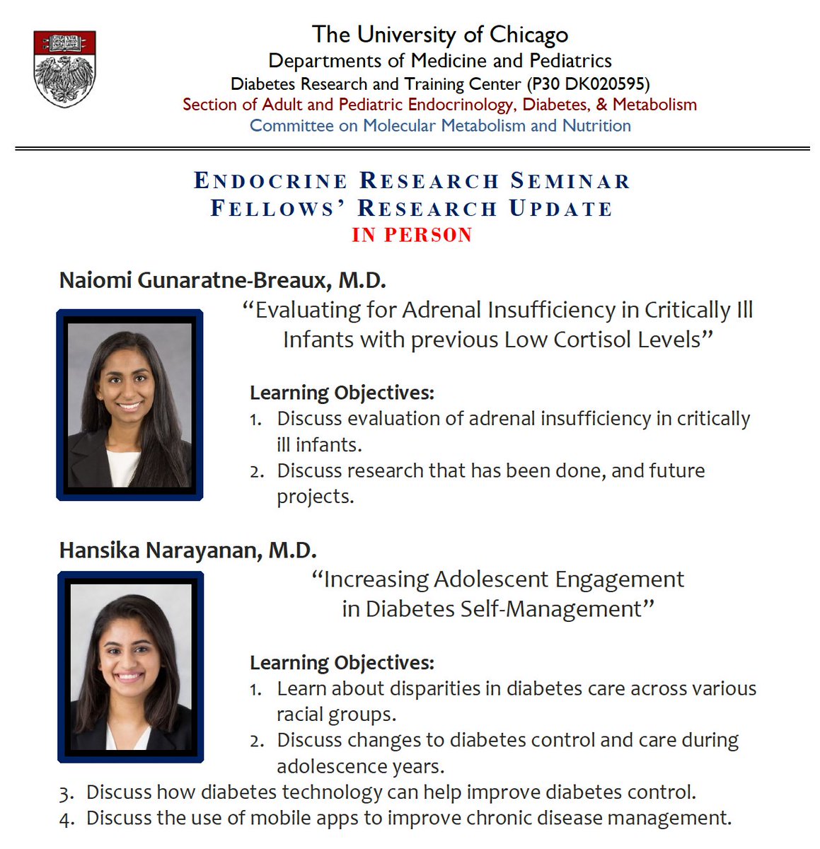 Join us today for research updates by two of our #endocrinology fellows -- Dr. Naiomi Gunaratne-Breaux and Dr. Hansika Narayanan.

Mon, June 10
5 pm CT
In Person &amp; On Zoom - DM for link