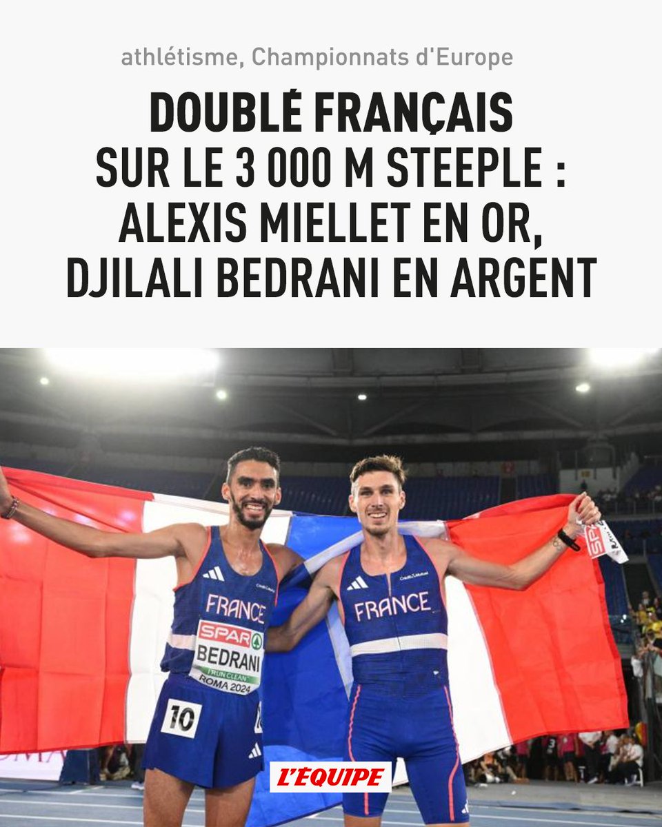 Alexis Miellet a décroché lundi la médaille d'or du 3 000 m steeple aux Championnats d'Europe. Un deuxième Français, Djilali Bedrani, a remporté l'argent. Nicolas-Marie Daru a terminé 6e ow.ly/Uglp50SeOuW