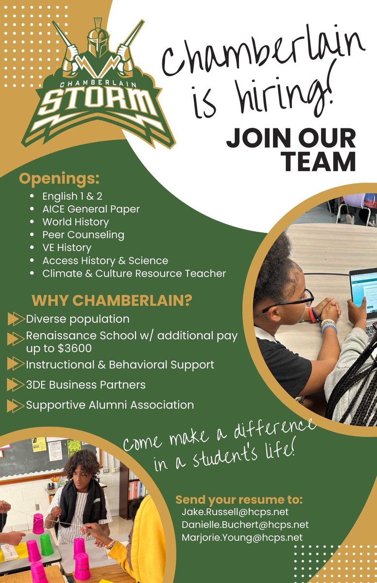 Want to help make a difference?! Join THE Chamberlain Storm! We are looking for teachers to join our team. If you have questions about any of the positions, feel free to reach out.
