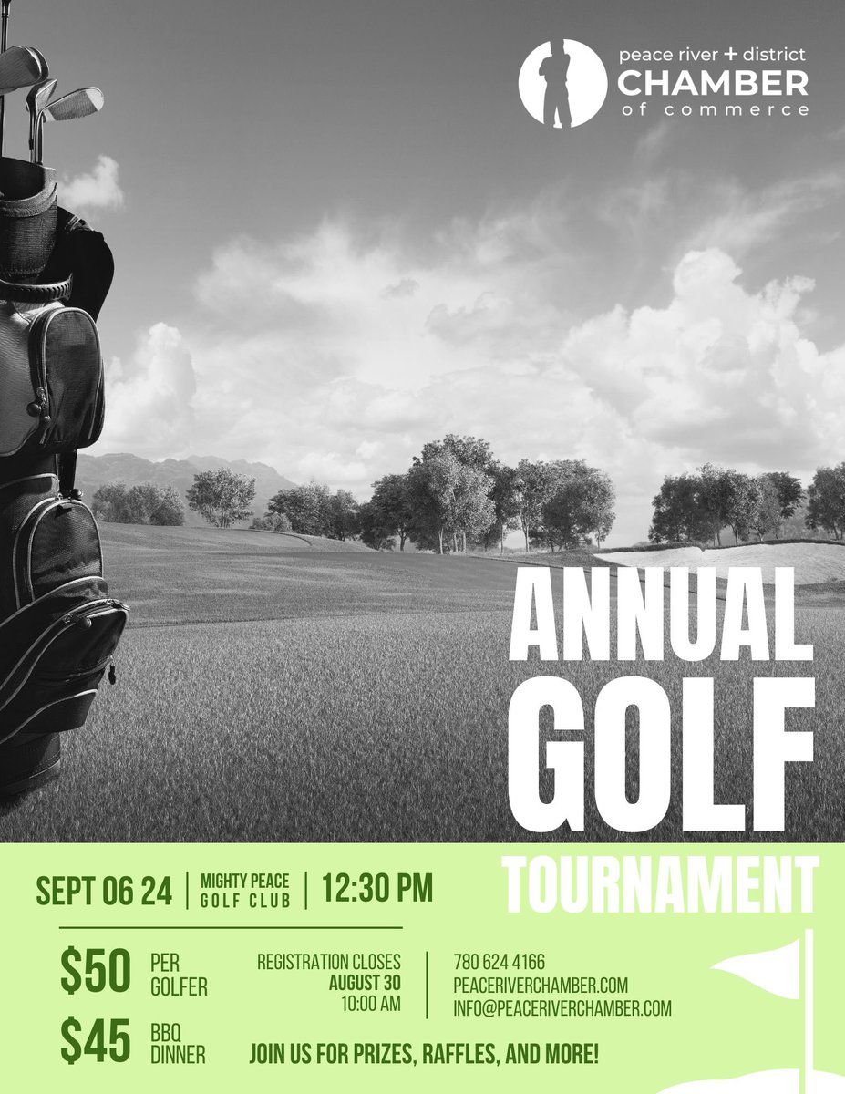 PR_Chamber's tweet image. Our Annual Golf Tournament is teeing up to be an event full of excitement, prizes, raffles, and fantastic networking opportunities with business leaders.
Email manager@peaceriverchamber.com to register or to find out about sponsorship opportunities.

#PeaceRiverChamber