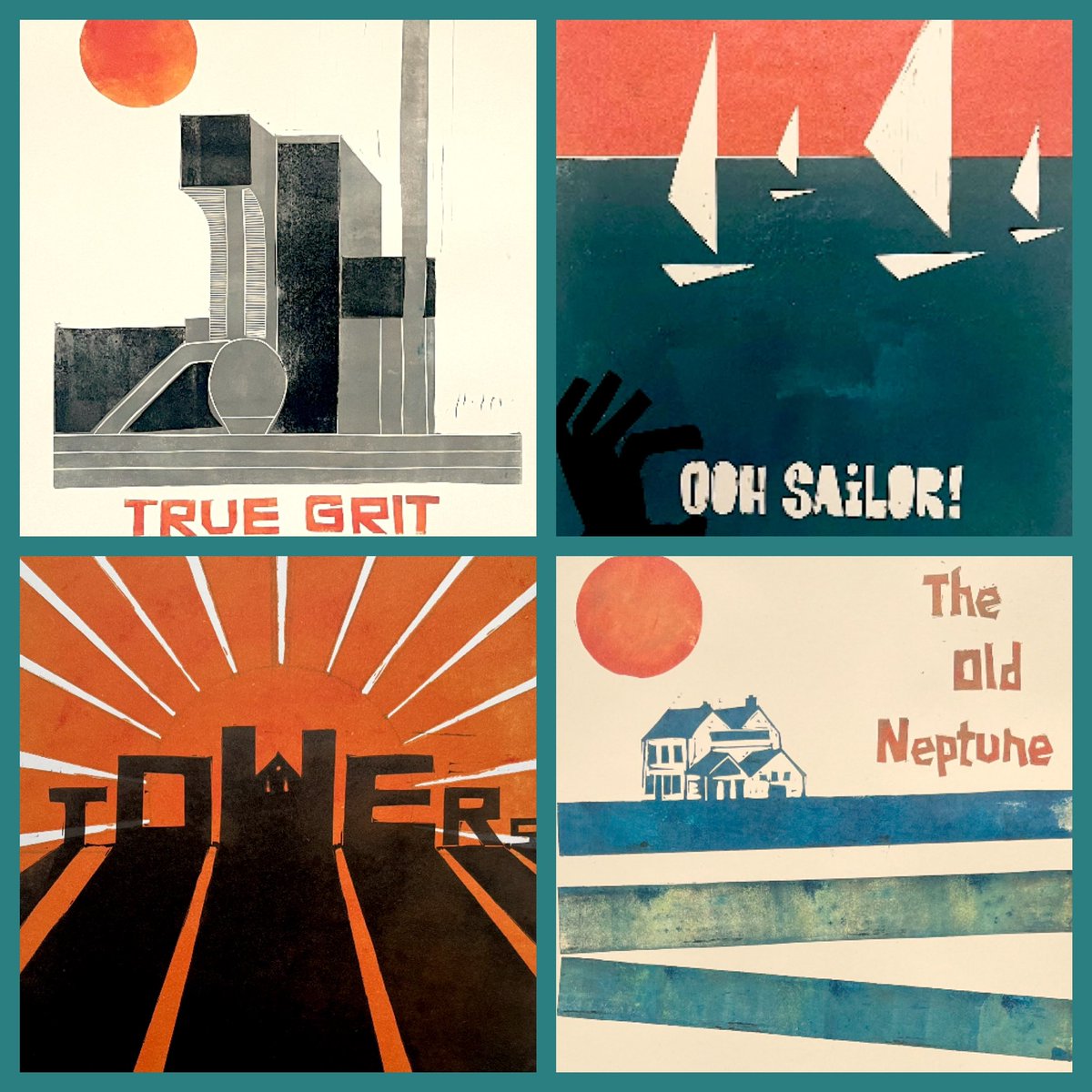 CathDeeson's tweet photo. I’ll be showing some of these linocuts @fishslab
Fun, local and hand printed inspired by 1950s book covers.
#printmaking #linocut #midcentury #saulbass #bookcover #bookcoverdesign #printmaker #linoprint #reculver #reculvertowers #sailor #channel #truegrit #brettaggregates #kent https://t.co/PYCX4TVmDq