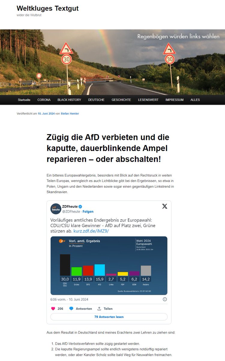 Muenchen1968's tweet image. Zügig die AfD verbieten und die kaputte, dauerblinkende Ampel reparieren - oder abschalten!
Mein Kommentar zur #Europawahl im #Renad-Blog:
➡️renad.de/allgemein/zueg…
