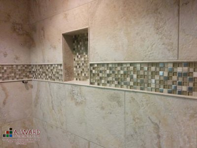 AwardCustomTile's tweet photo. Take a look at this stunning shower install with deco border and recessed shelf! Give us a call to set up an estimate! https://t.co/X4ss0WgojL
