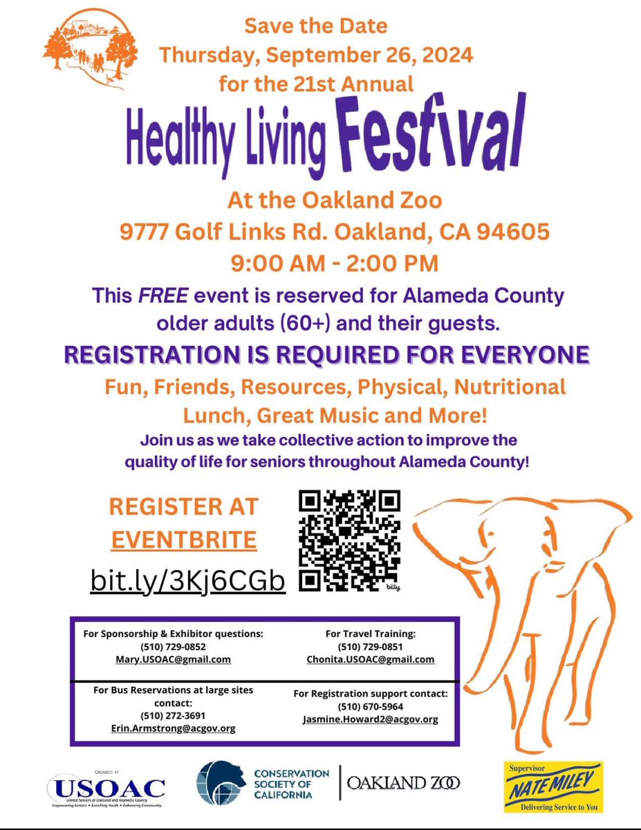 Join us at the 21st Annual Healthy Living Festival at the Oak Zoo! Free events include free food, music, fun, and more for seniors and their guests. More info at bit.ly/3Kj6CGb.
 
#Oakland
#AlamedaCounty