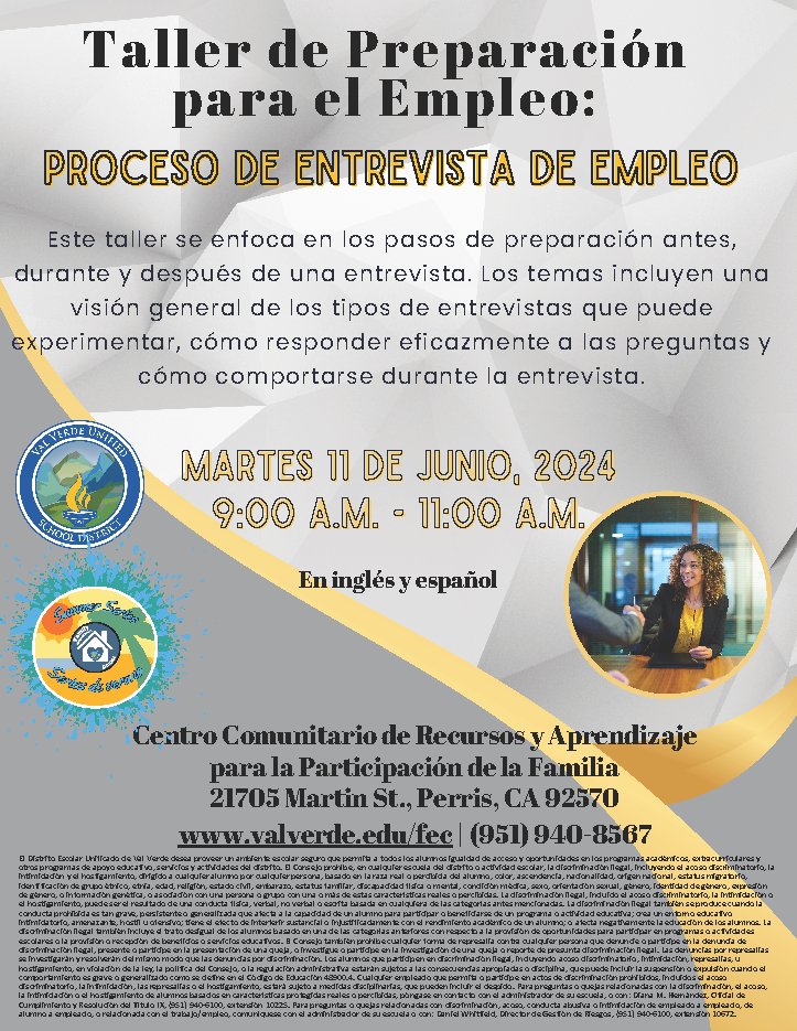 Preparación para el empleo: PROCESO DE ENTREVISTA DE EMPLEO
Una visión general de los tipos de entrevistas que puede experimentar, cómo responder eficazmente a las preguntas y cómo comportarse durante la entrevista.
6/11/24 @9:00 a.m.
FE-CRLC
21705 Martin St., Perris, 92570