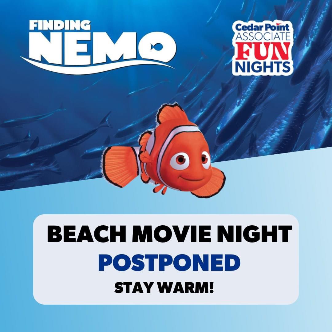 CedarPointTeam's tweet photo. Tonight's movie night has been postponed due to the temperature and current beach conditions. We will see you next Monday at Raptor and Valravn! #CedarPoint #CedarPointTeam https://t.co/ehTzQNWhXA
