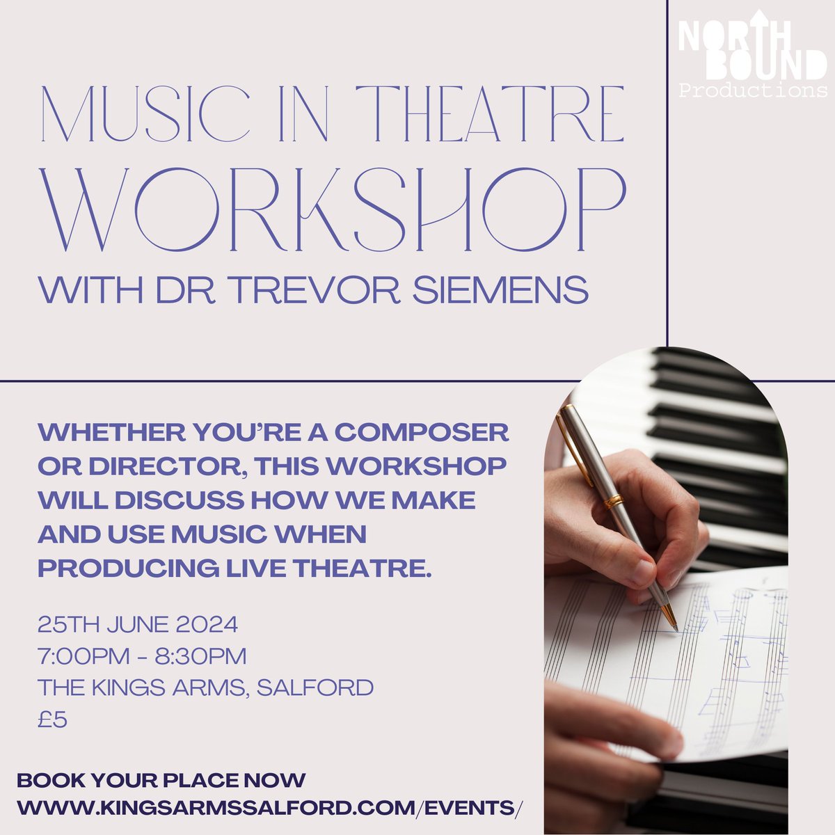 Northbound Productions presents an evening workshop with Dr Trevor Siemens!

Led by composer, director and co-founder of the theatre company iPAN, this workshop will discuss how we make and use music when producing live theatre.

BOOK YOUR PLACE HERE: kingsarmssalford.com/event/music-in…