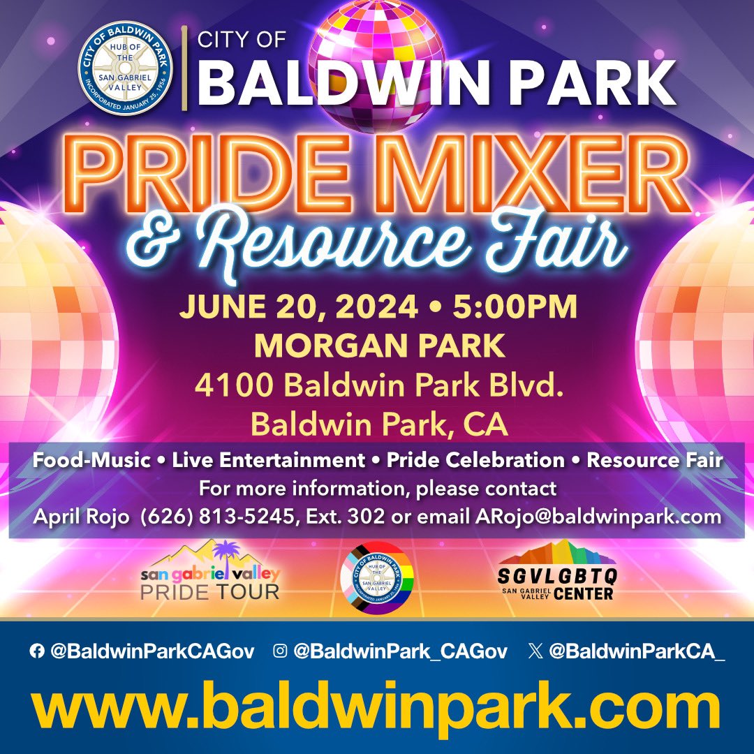 🏳️‍🌈🫶🏻The City of Baldwin Park is proud to announce its participation once again in the SGV PRIDE Tour which will reach across 11 cities in nurturing homegrown pride in our own backyards. The PRIDE Mixer &amp; Resource Fair in Baldwin Park will take place on Thursday, June 20 at 5pm.