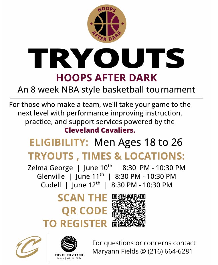 Hoops After Dark is back. Share this with a young man you know that could benefit from being positively engaged. Tryouts happening TONIGHT, tomorrow and Wednesday. 

#HoopsAfterDarkCLE
#CommunityBuilding