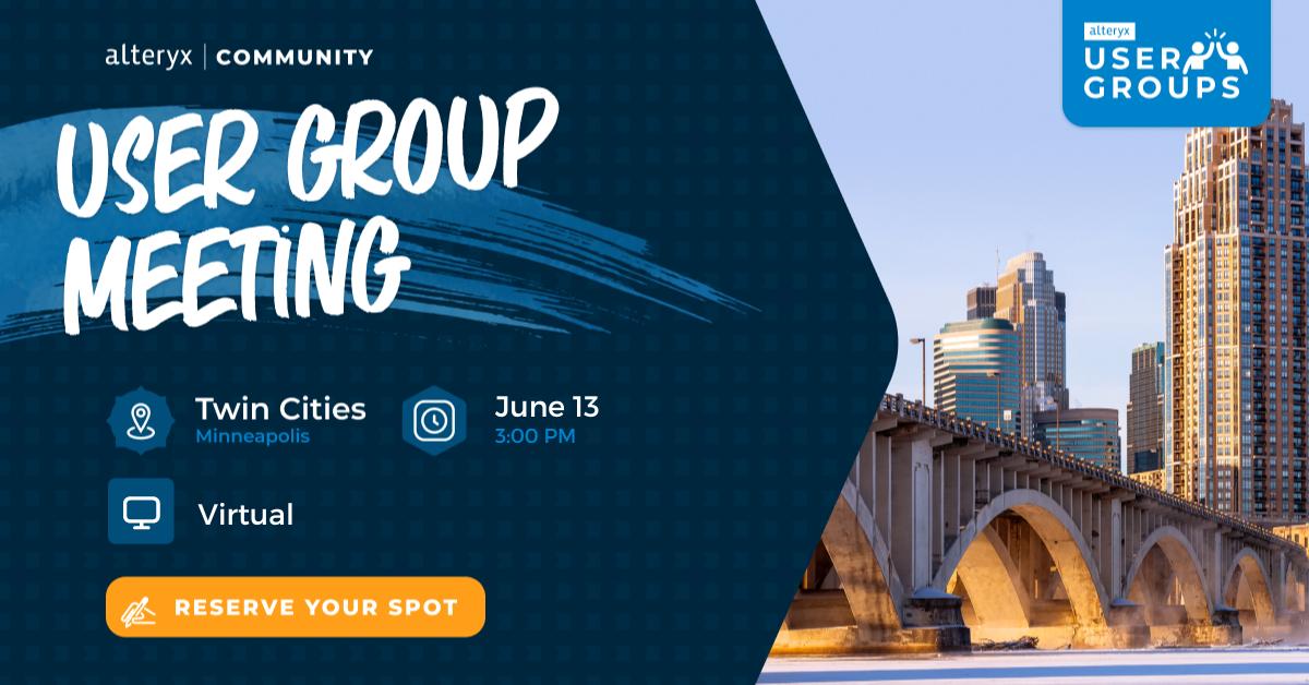 You won't want to miss our next Twin Cities Alteryx User Group meeting! An excellent opportunity to learn how Alteryx and #ChatGPT can work together to enhance your #DataAnalytics projects!

🗓️ June 13th

Register now: ow.ly/zAQm30sE7cI

#AlteryxUserGroup