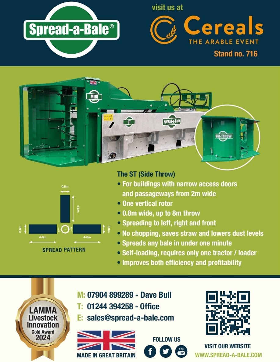 Spreadabale's tweet photo. Heading to @CerealsEvent this week? 

Call in to see us, find out more about how straw spreading solutons inc the award winning ST, specifically design for 2m wide passages.

📌 Stand 716

#cereals2024 #cereals24 #arable #farming https://t.co/rvbu36t2D4