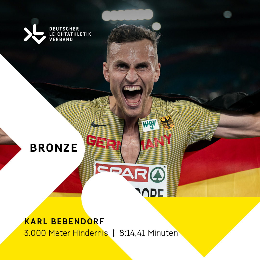 dlv_online's tweet photo. Nach 26 Jahren wieder eine deutsche EM-Medaille über 3.000 Meter Hindernis der Männer: Karl Bebendorf holt in Bestzeit (8:14,41 min) Bronze, knapp vor Frederik Ruppert, der Vierter wird. Mega Resultat! 😍💪🥉 #Roma2024 https://t.co/I86IIzBzOi