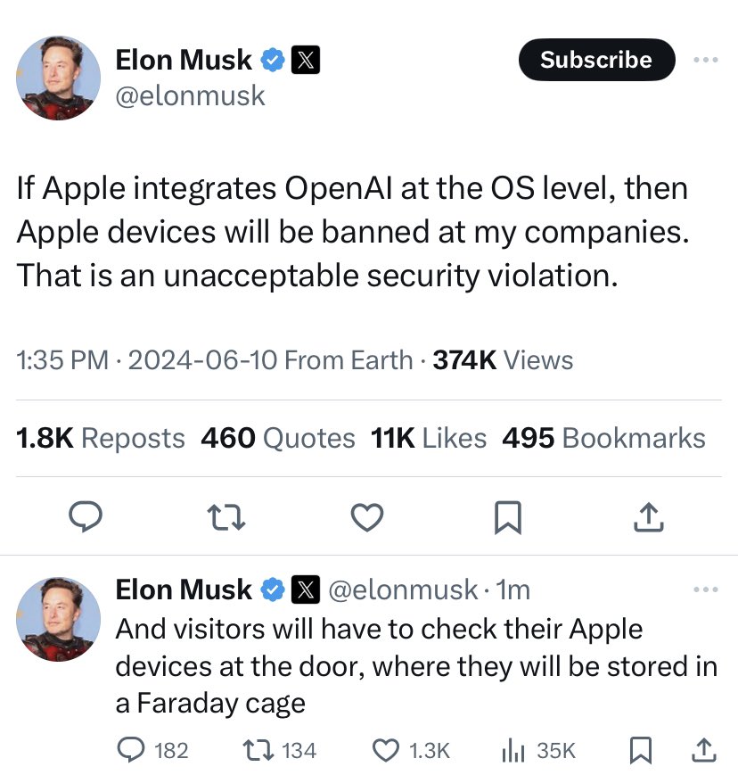 BREAKING: Elon Musk has said he may ban all Apple devices:

If Apple, $AAPL, integrates OpenAI at the OS level, then Apple devices will be banned at my companies. That is an unacceptable security violation.