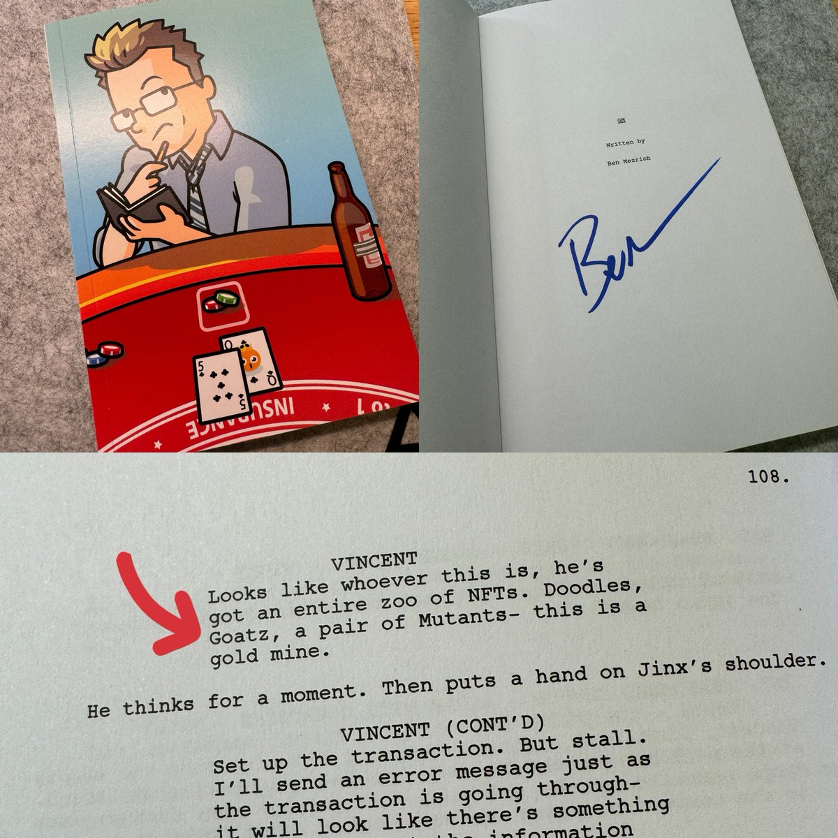 Look what showed up in the mail! Signed copy of <a href="/benmezrich/">Ben Mezrich</a>’s screenplay! Shoutout to Ben, <a href="/BunchuBets/">bunchu</a>, <a href="/Drucritt/">Drucritt.eth</a> and <a href="/blockrockinbits/">Gia</a> for making all of this happen! Also, peep the <a href="/MaisonDeGOAT/">GOATz 🐐🥛</a> reference on pg 108 🐐