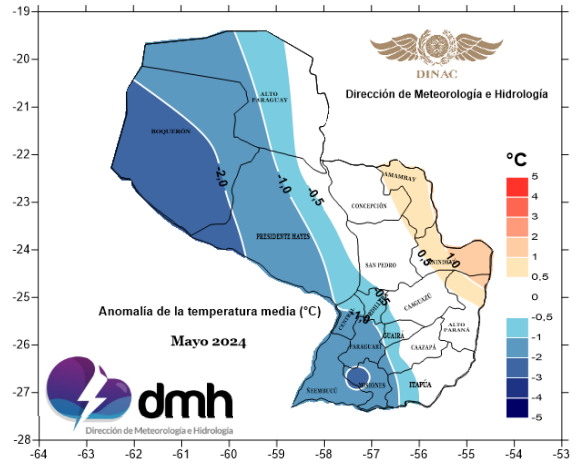 extremetemps's tweet photo. May 2024 in #Paraguay was colder than average in the West and warmer in the Northeast with anomalies between -2C and +1C (left map).
It was generally drier than average specially in the East (right map). 
Maps by DMH-Dinac. https://t.co/xzXeiglKz9