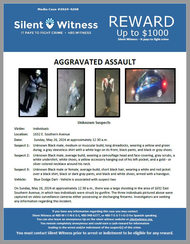 SilentwitnessAZ's tweet image. *** UP TO $1,000.00 REWARD OFFERED ***
On Sunday, May 26, 2024 at approximately 12:30 a.m., there was a large shooting in the area of 1632 East Southern Avenue, in which two individuals were struck by gunfire. The three individuals pictured above were captured on video