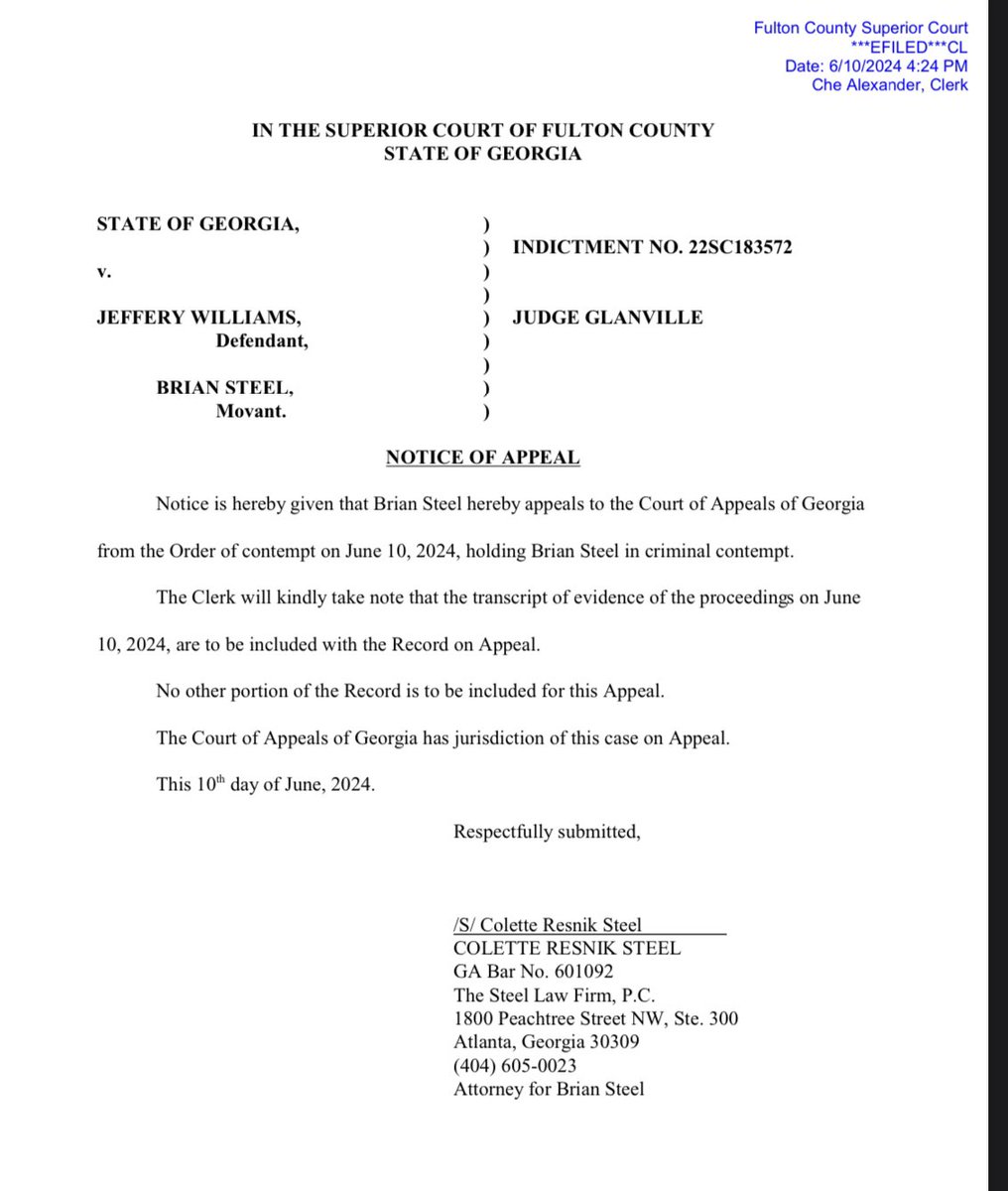 ThuggerDaily's tweet photo. NEW: Brian Steel’s wife, Collette Steel, has filed a Notice of Appeal regarding Judge Glanville’s order of contempt.
She will be representing him for the appeal. https://t.co/gvPNyzSiqA