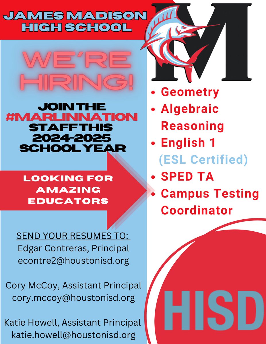 MadisonHS_'s tweet photo. We’re hiring!  Come join us tomorrow for the @HisdSouth hiring fair @ Madison HS😎!  

Send all resumes to Principal Contreras. https://t.co/dMyFJ9XCUF