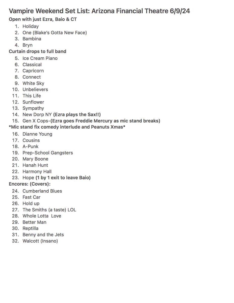 ⁦<a href="/vampireweekend/">Vampire Weekend</a>⁩ 6/9/24 Phoenix,AZ Set list with spoilers (in BOLD)