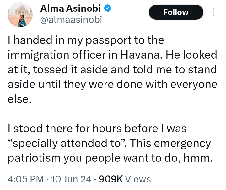 <a href="/tayoainafilms/">Tayo Aina</a> She was almost stripped nak£d and almost rejected at the Maldives airport because of her NIGERIA passport, while the pple from other countries that came after her was given a free pass to plane.

The NIGERIA passport is ranked 95 in the world followed by North Korea out of 149