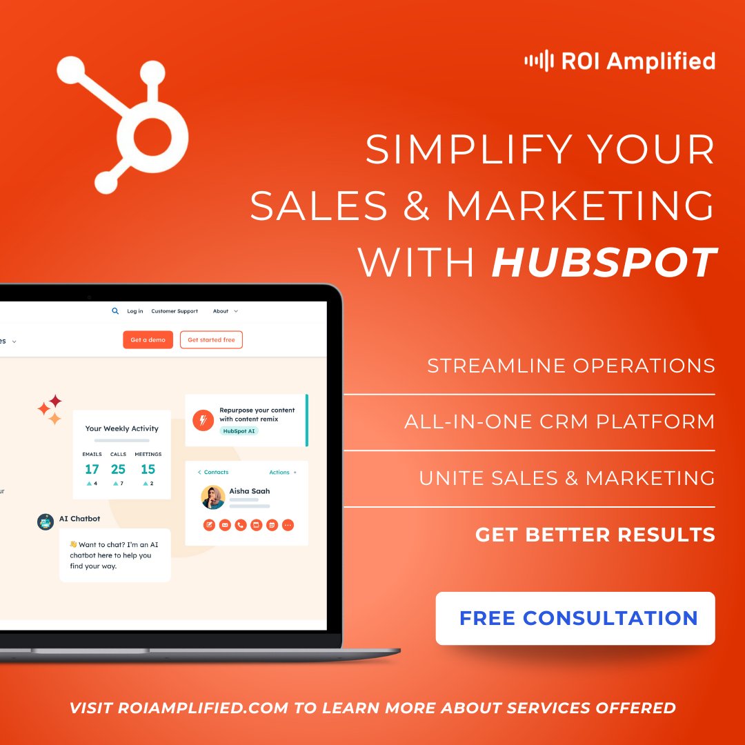 RoiAmplified's tweet image. As a trusted HubSpot Partner, we help businesses streamline their marketing and sales efforts. Schedule a free consultation with us today to learn more. hubs.li/Q02xGZS30

#HubSpotPartner #SalesAutomation #CRM  #RevenueGrowth #ROI #MarketingAutomation