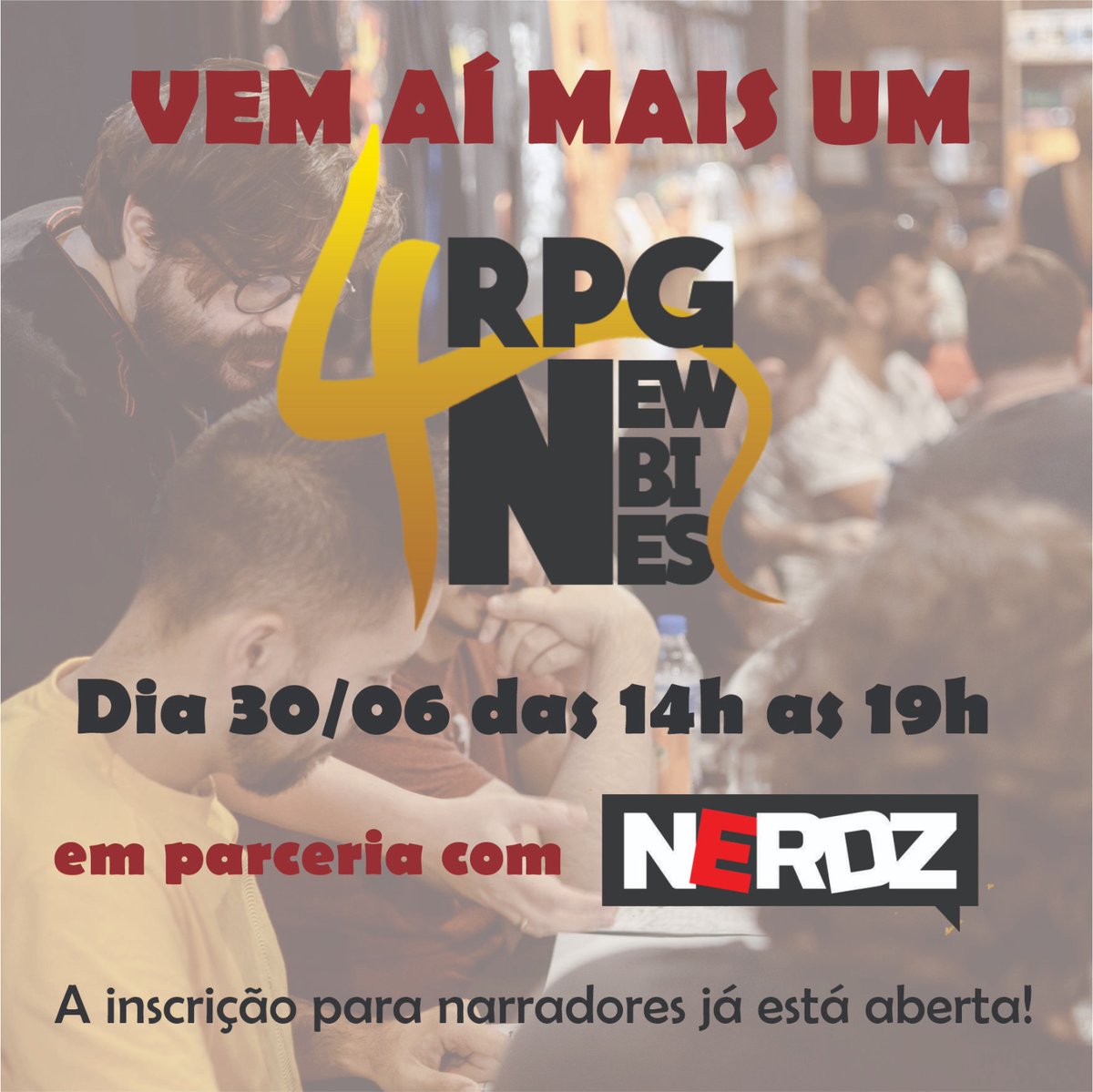 Rpg4N's tweet photo. Foi aqui que pediram mais RPG?

Estamos trazendo mais um RPG4Newbies! 

Dia 30 de junho, das 14h as 19h na @lojanerdz!

A inscrição pra mestres já está aberta, é só preencher o forms no link! 

Vem mestrar com a gente e fazer esse evento acontecer!

https://t.co/5IivAAcJyE https://t.co/lNZsG68XXx