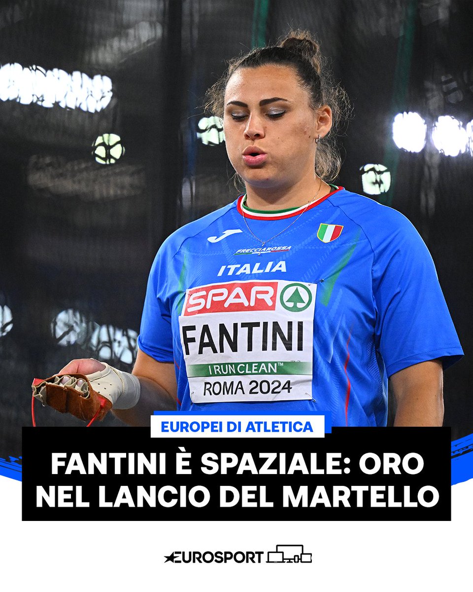 Eurosport_IT's tweet photo. SARA FANTINI FA SOGNARE L'ITALIA, È ORO 🥇🇮🇹

Gara strepitosa per la nostra azzurra che chiude in prima posizione la finale del lancio del martello con 74.18! 💙

#Atletica #Roma2024 https://t.co/x9plbfXihR
