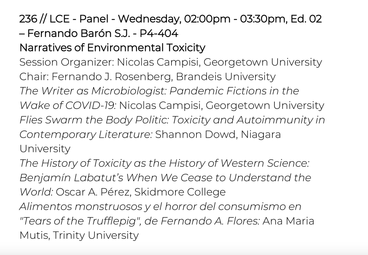 If you're in Bogotá for LASA, please consider attending this panel I put together on literature and environmental toxicity. I would love to see you there! It's this Wednesday at 2pm.