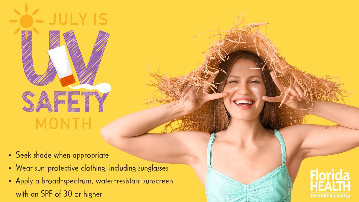 HealthyEscambia's tweet photo. July is #UVAwarenessMonth. UV is the root cause of most skin cancers. #PracticeSafeSun the year-round by following 3 simple steps while outdoors:
Seek shade when appropriate
Wear sun-protective clothing
Apply a broad-spectrum, water-resistant sunscreen with an SPF of 30 or higher https://t.co/9BT80Gq1mS