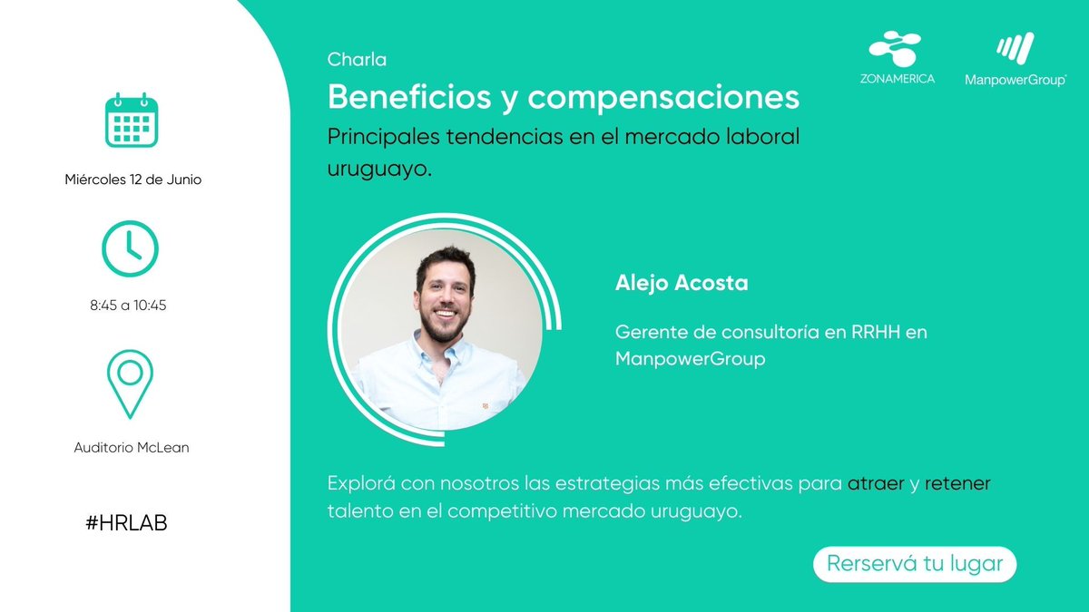 ManpowerGroupUy's tweet photo. Te esperamos este miércoles para la charla sobre #beneficios y #compensaciones a cargo de Alejo Acosta, nuestro Gerente de Right Management, nuestra área de consultoría en RRHH.

⌚Horario: 8:45 a 10:45 h
🏢Lugar: @ZonamericaUY - Auditorio McLean

#ManpowerGroupUY #HRLAB https://t.co/pR6KeFkddg