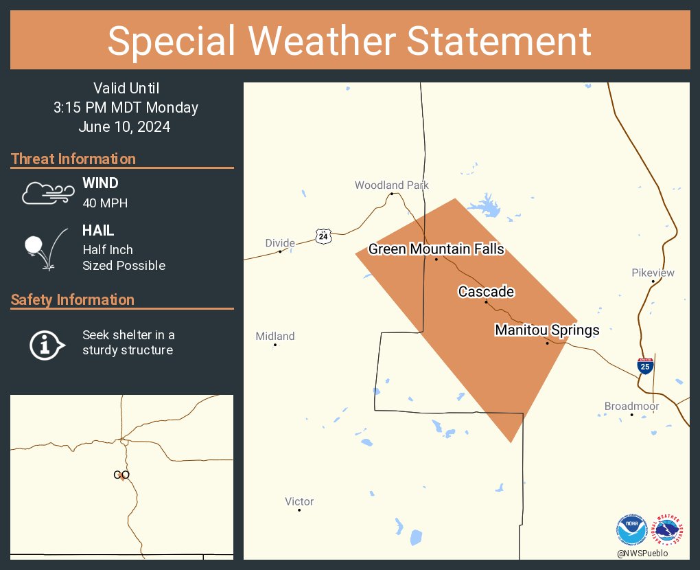 A special weather statement has been issued for Manitou Springs CO, Green Mountain Falls CO and  Crystola CO until 3:15 PM MDT