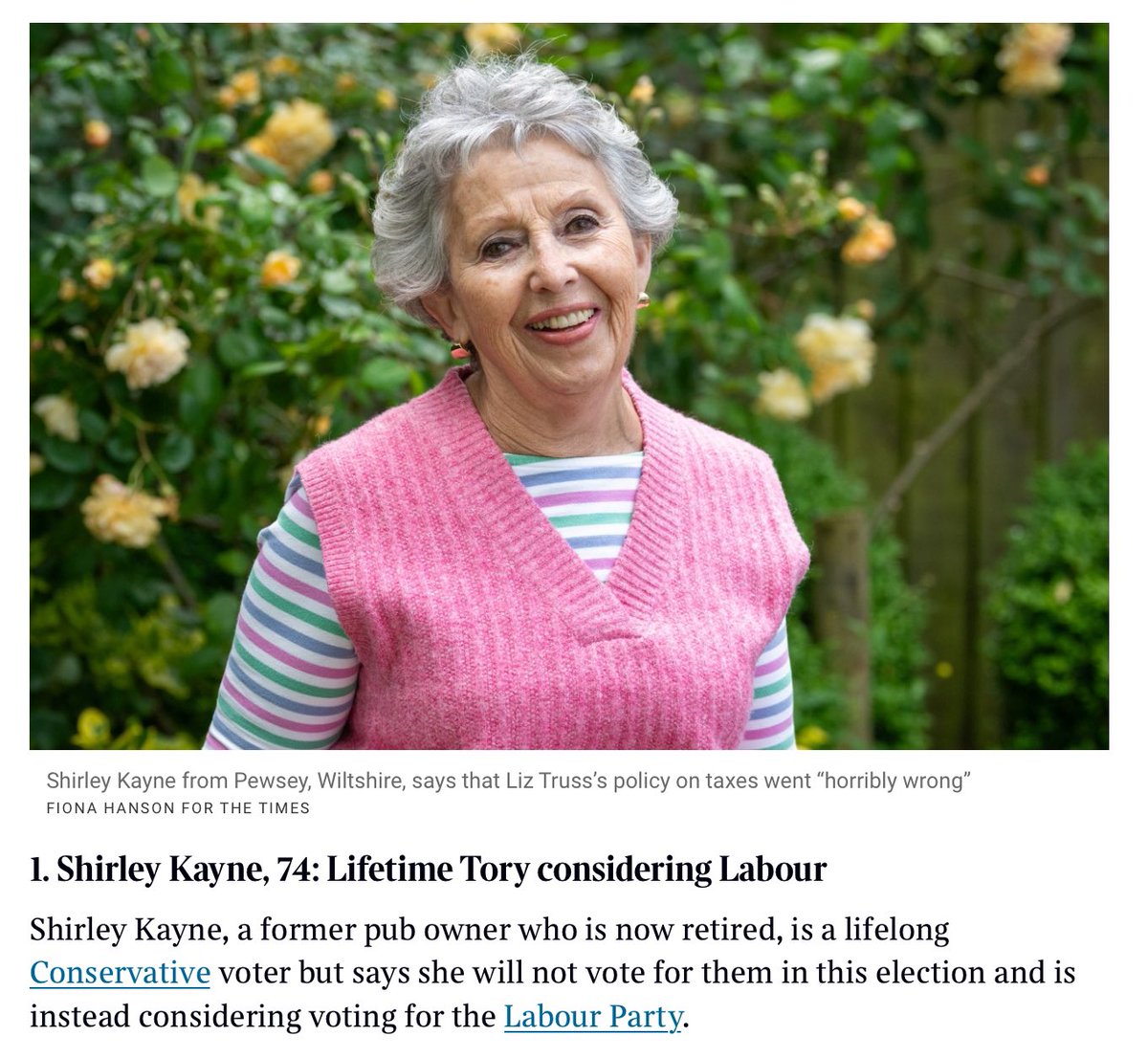 RobNewmanLab's tweet photo. We’ve been hearing a lot from the Lib Dems about how lifelong Tories won’t turn to Labour.

Well, here’s the evidence to the contrary in today’s @thetimes: Shirley from Pewsey, who’s voted Tory all her life and is now leaning Labour.

She’s not alone.

#VoteLabour #EastWiltshire https://t.co/qBC9uaP7Cy