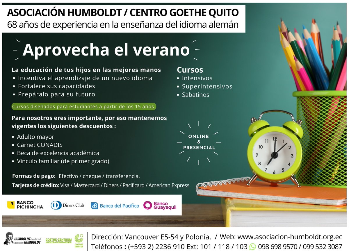 HumboldtEcuador's tweet photo. Somos el único instituto en todo el Ecuador autorizado por el Goethe-Institut (Alemania) para la enseñanza del idioma alemán y la emisión de certificados internacionales, según el marco de referencia europeo. presencial.   
Más información 
WhatsApp: 097 904 3421 / 098 698 9570 https://t.co/8gkmap6AFb