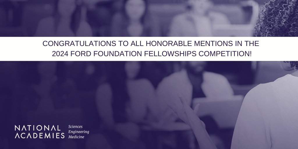 Ford Foundation Fellowship Programs (@nasemfordfellow) on Twitter photo Congratulations to the 5 outstanding scholars who have been accorded honorable mention status in the 2024 Ford Foundation Fellowships Competition administered by the Fellowship office of the <a href="/theNASEM/">National Academies</a>
Read more: ow.ly/caHH50SegB1 Congratulations to the 5 outstanding scholars who have been accorded honorable mention status in the 2024 Ford Foundation Fellowships Competition administered by the Fellowship office of the <a href="/theNASEM/">National Academies</a>
Read more: ow.ly/caHH50SegB1