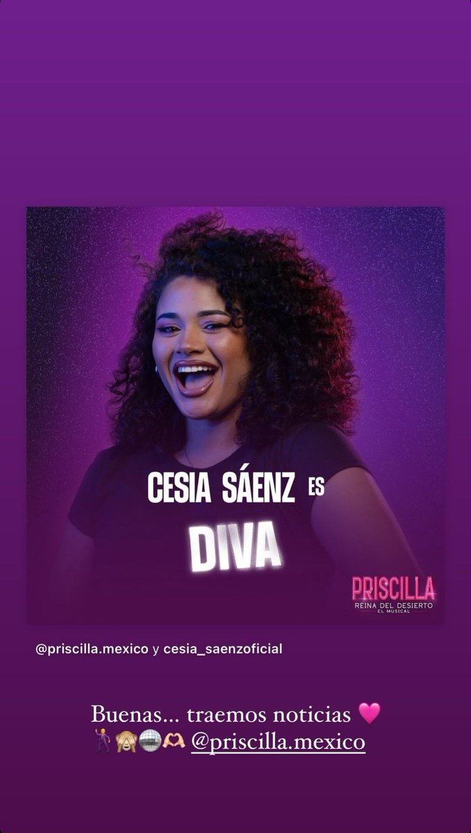 📢 | <a href="/CesiaSaenzOfic/">Cesia Sáenz Oficial 🦁</a> vía IG stories nos comparte con mucha emocion su nuevo proyecto. Ahora será parte del proyecto de teatro musical "Priscilla, Reina del Desierto" en CDMX. 
Por parte del staff de Cesia Universe le deseamos el mayor de los éxitos en esta nueva aventura 🙌.