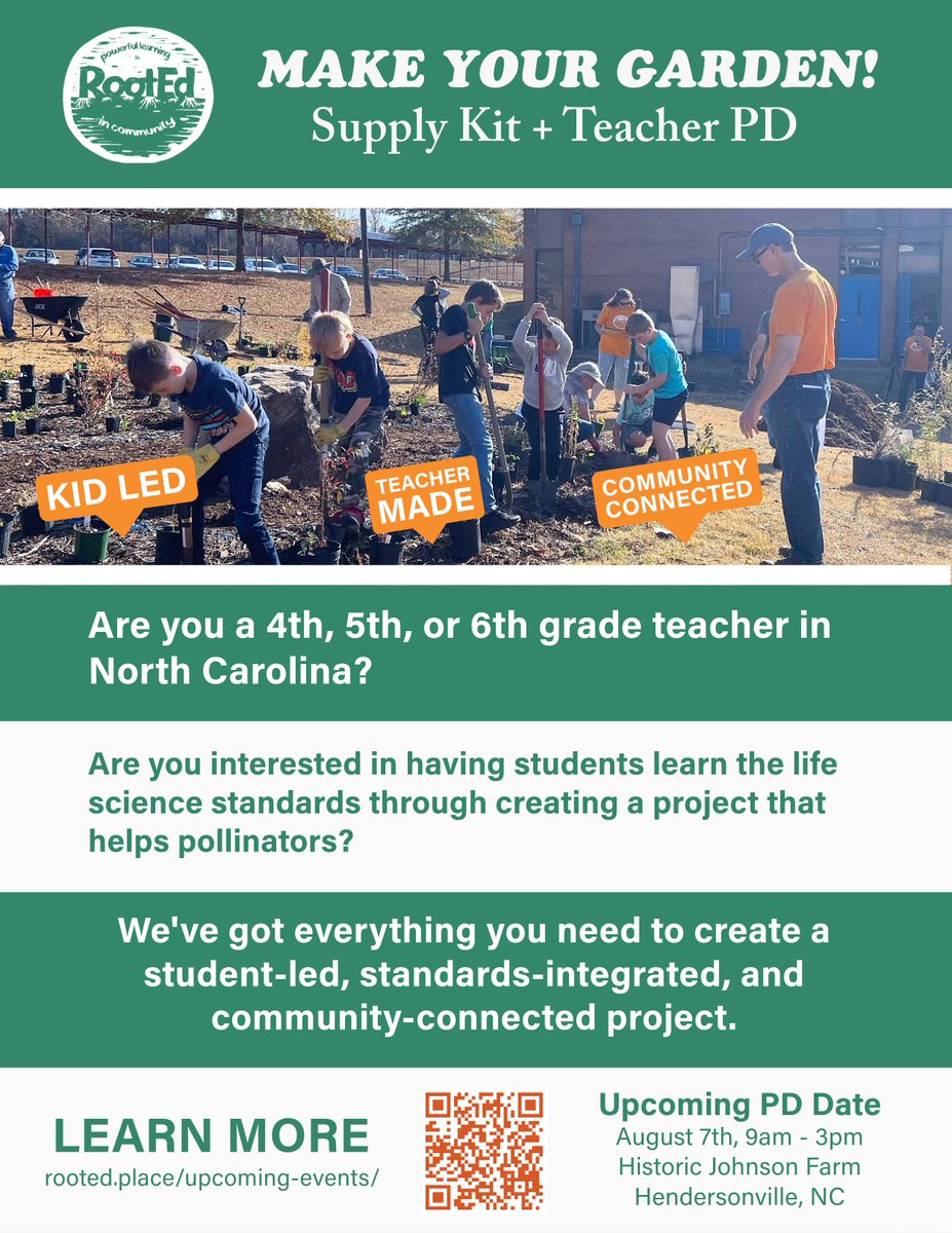 ConstructiveLD's tweet image. Announcing the @RootEdNC Make Your Garden! project with @renatacrawley and @HCPSJohnsonFarm. 4th, 5th, and 6th grade teachers get everything they need to teach the life science standards through a student-led and community-connected pollinator project. rooted.place/upcoming-events