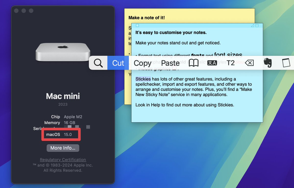 First test of PopClip on macOS 15 "Sequoia" beta (in my favourite app "Stickies" of course 🤩). Seems all smooth so far. Seemingly no new hoops to jump through this year, and not Sherlocked yet 😅